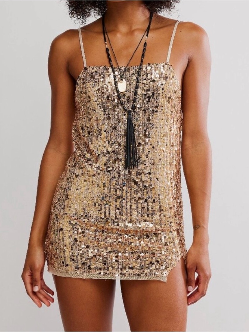 Free People Midnight Kiss Sequin Mini Slip Dress Gold Combo S NWOT